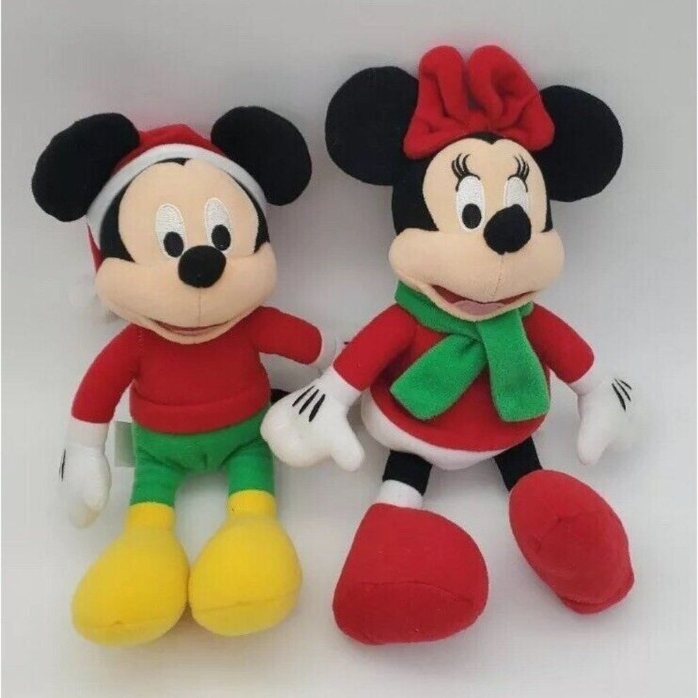 Disney Christmas Mickey 10" Minnie 11" Plush Beanie Bottom Pair Stuffed Animal